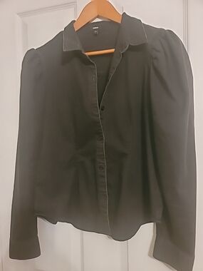 Express Black Puff-Sleeve Button-Down Shirt  Gothic Work Casual Date Night SZ L